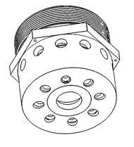 CAD rendering/line drawing of a turbine gas nozzle in black and white